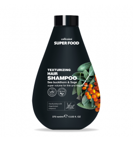 SUPER FOOD suteikiantis apimties šampūnas ploniems ir lūžinėjantiems plaukams Šaltalankis ir šalavijas, 370 ml