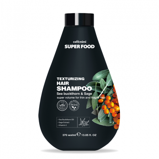 CAFE MIMI suteikiantis apimties šampūnas ploniems ir lūžinėjantiems plaukams Šaltalankis ir šalavijas, 370 ml