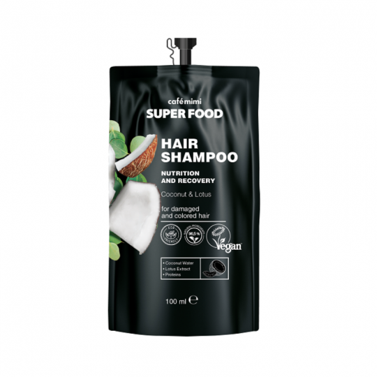 CAFE MIMI maitinamasis ir atstatomasis šampūnas pažeistiems ir dažytiems plaukams Kokosas ir lotosas, 100 ml