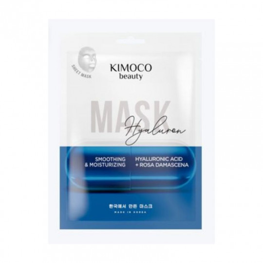 Kimoco Beauty lakštinė veido kaukė lyginanti ir drėkinanti, su hialurono rūgštimi ir rožių žiedų ekstraktu, 23 ml