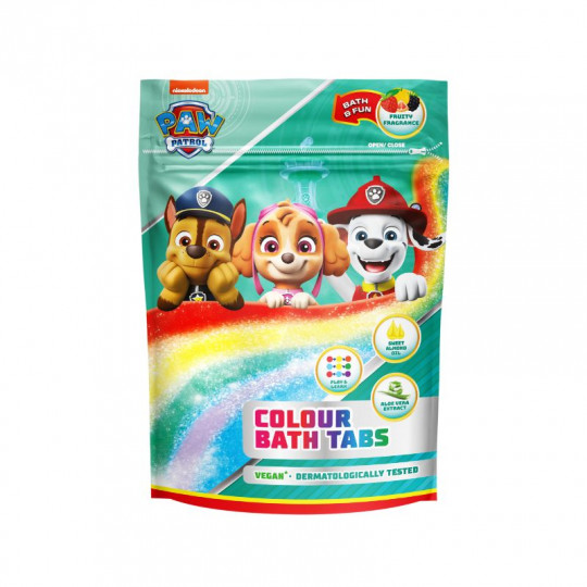 PAW PATROL spalvotos vonios tabletės gervuogių, pomelo, braškių aromato, 9 vnt x 16 g