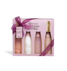 IDC INSTITUTE Scented Bath Rose vonios rinkinys Champagne, 4 poz.: vonios druska 300g, vonios putos 250 ml, kūno losjonas 250 ml, dušo želė 250 ml