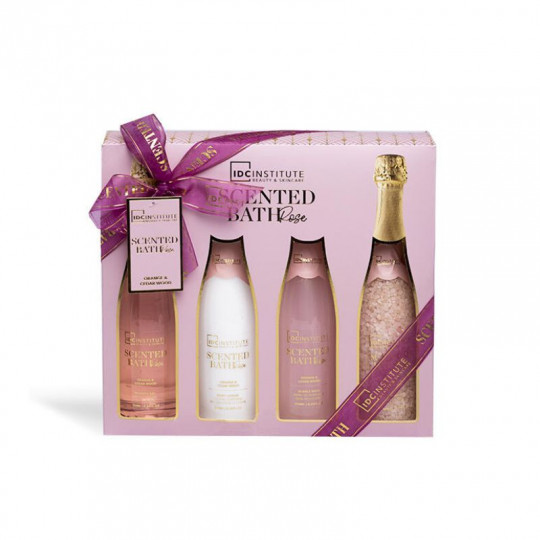 IDC INSTITUTE Scented Bath Rose vonios rinkinys Champagne, 4 poz.: vonios druska 300g, vonios putos 250 ml, kūno losjonas 250 ml, dušo želė 250 ml