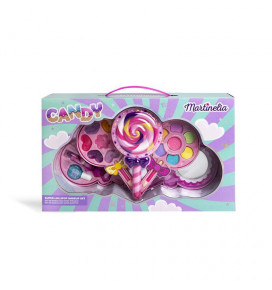 MARTINELIA makiažo rinkinys Candy Super Lollipop 6 pozicijos: 7 akių šešėliai, 7 lūpų blizgesiai, 2 nagų lakai, 2 aplikatoriai, lūpų dažai, kojų pirštų skirtukas