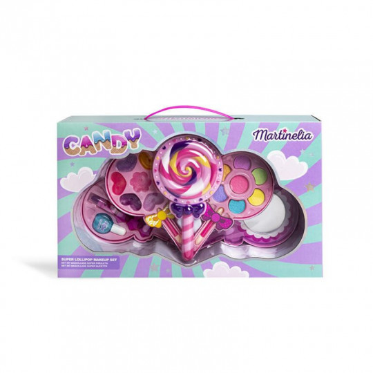 MARTINELIA makiažo rinkinys Candy Super Lollipop 6 pozicijos: 7 akių šešėliai, 7 lūpų blizgesiai, 2 nagų lakai, 2 aplikatoriai, lūpų dažai, kojų pirštų skirtukas