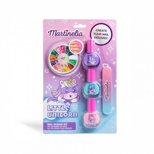 MARTINELIA nagų dailės rinkinys Little Unicorn 3 pozicijos: 3 nagų lakai x 4 ml, Nagų dekoravimo ratas, Nagų dildė