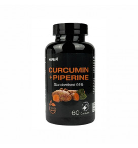 CURCUMIN + PIPERINE 95% 60 kapsulių, 1 dienoje ( 1 kapsulėje: 480 mg kurkuminoidų, 19 mg piperino) HERBIN