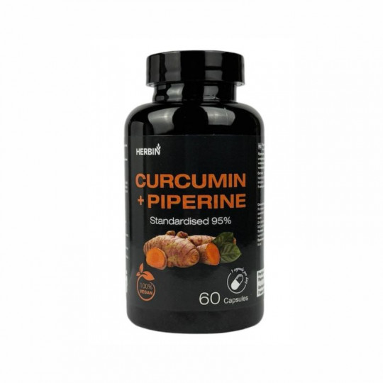 CURCUMIN + PIPERINE 95% 60 kapsulių, 1 dienoje ( 1 kapsulėje: 480 mg kurkuminoidų, 19 mg piperino) HERBIN