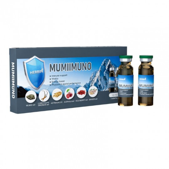 MUMIIMUNO 10 butel po 10 ml ( Mumijo ek. 500 mg; Astragalus 500 mg; Kininių kordicepsų ek. 500 mg; Acerola vais ek. 350 mg; Goj