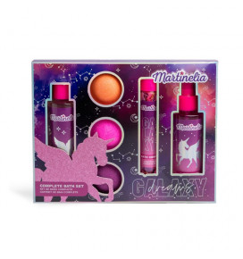MARTINELIA vonios rinkinys Galaxy Dreams, 4 poz.: 15 g vonios konfeti, 150 ml kūno dulksna, 150 ml dušo gelis, 3 x 60 g vonios b