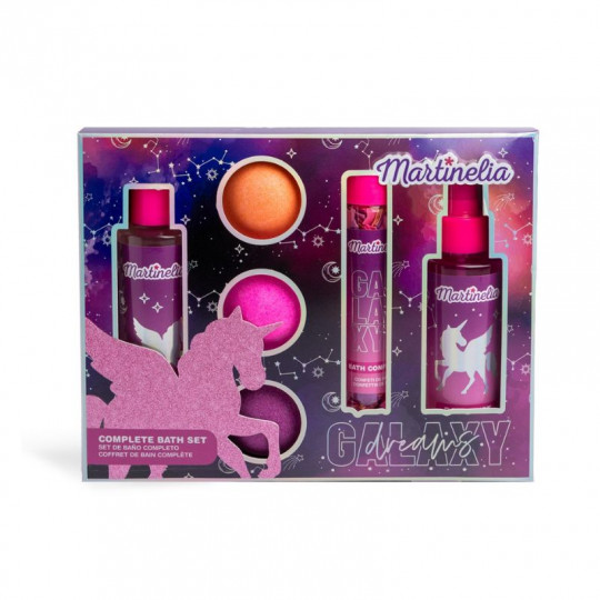 MARTINELIA vonios rinkinys Galaxy Dreams, 4 poz.: 15 g vonios konfeti, 150 ml kūno dulksna, 150 ml dušo gelis, 3 x 60 g vonios b