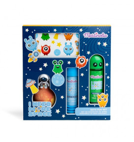 MARTINELIA vonios rinkinys I Need More Space, 4 poz.: 100 ml dušo gelis, 140 g vonios burbulas, 1 lapelis su 10 švytinčių tatuir