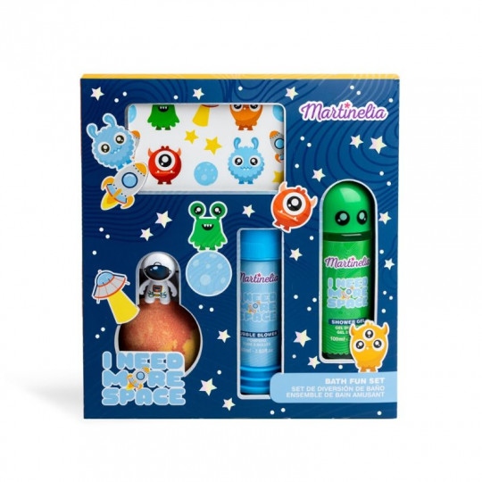 MARTINELIA vonios rinkinys I Need More Space, 4 poz.: 100 ml dušo gelis, 140 g vonios burbulas, 1 lapelis su 10 švytinčių tatuir