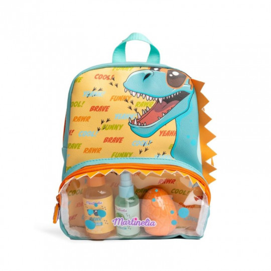 MARTINELIA vonios rinkinys kuprinėje The Coolest Dino, 3 poz.: 100 ml dušo gelis ir šampūnas (2 in 1), 100 ml kūno dulksna, 70 g