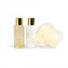 IDC INSTITUTE vonios rinkinys Vanilla & Sandalwood 4 pozicijos: 100 ml dušo gelis, 100 ml kūno losjonas, plaušinė, kosmetinė