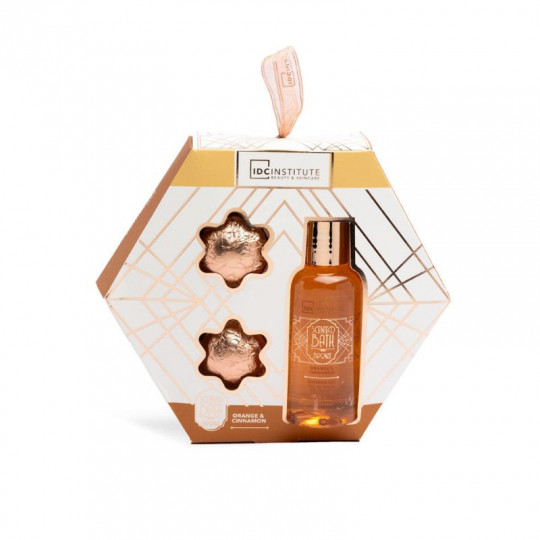 IDC INSTITUTE vonios rinkinys Orange & Cinnamon 2 pozicijos: 100 ml dušo gelis, vonios burbulai 2x30g