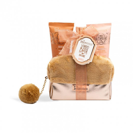 IDC INSTITUTE vonios rinkinys Orange & Cinnamon, 4 poz.:100 ml dušo gelis, 80 ml kūno losjonas, 80 ml šampūnas, kosmetinė