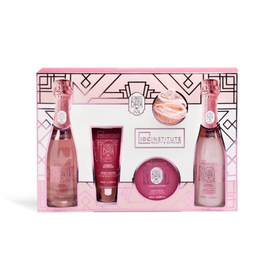 IDC INSTITUTE vonios rinkinys Cherry Blossom, 5 pozicijos: 200 ml dušo gelis, 200 ml vonios pūtos, 60 ml rankų kremas, 50 ml kūn