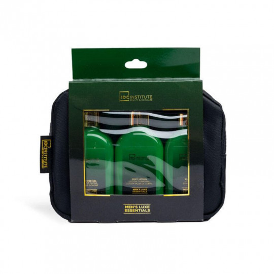 IDC INSTITUTE vonios rinkinys kelioninis Men's Luxury, 4 poz.: 120 ml šampūnas, 120 ml dušo gelis, 120 ml kūno losjonas, kelioni