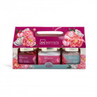 IDC INSTITUTE vonios rinkinys Scented Garden Peony 3 poz. 470g kūno šveitiklis, 410g vonios druska, 300g kūno losjonas