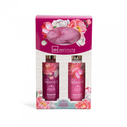 IDC INSTITUTE vonios rinkinys Scented Garden Peony 3 poz.: 150 ml dušo gelis, 150 ml kūno losjonas, vonios plaušinė