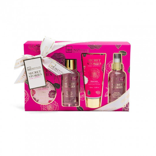 IDC INSTITUTE vonios rinkinys Secret Stories Rose, 4 pozicijos: 100ml dušo gelis, 100ml kūno losjonas, 100ml kūno dulksna, 90gr 