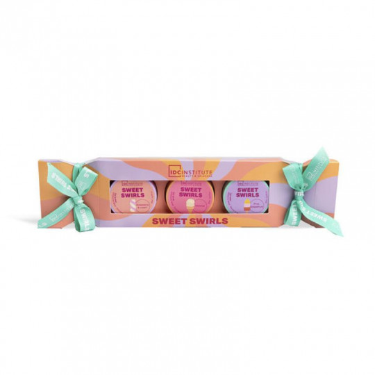 IDC INSTITUTE lūpų priežiūros rinkinys Sweet Swirls Tropical 3 pozicijos: 20 ml lūpų šveitiklis, 20 ml lūpų balzamas, 20 ml lūpų