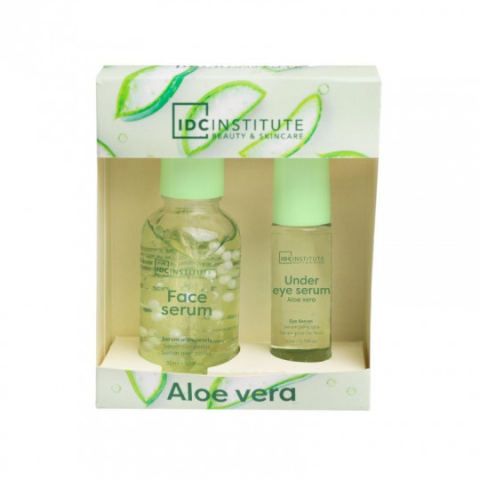 IDC INSTITUTE veido priežiūros rinkinys Aloe Vera 2 poz.: 10 ml akių serumas - rutulinis buteliukas, 30 ml veido serumas