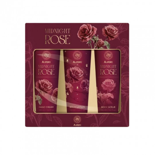 AURORA MIDNIGHT ROSE dovanų rinkinys (kūno losjonas/ šveitiklis 2x100ml, rankų kremas 100ml.)