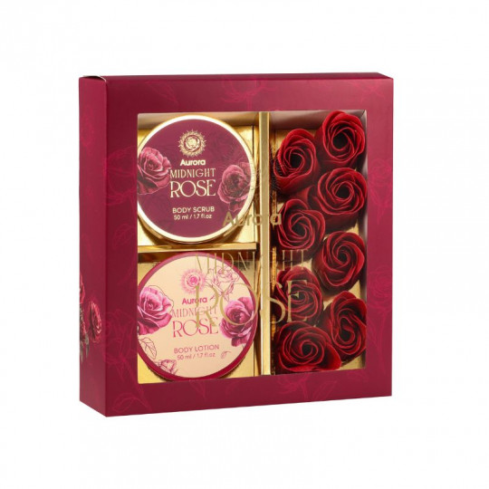 AURORA MIDNIGHT ROSE dovanų rinkinys (kūno losjonas/ šveitiklis 2x60ml, muilo rožės 8x40g)