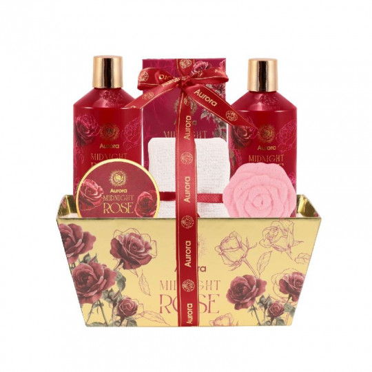 AURORA MIDNIGHT ROSE dovanų rinkinys (Dušo gelis/kūno bal. kūno šveit., druska, burbulas 50g, rankšluostis)