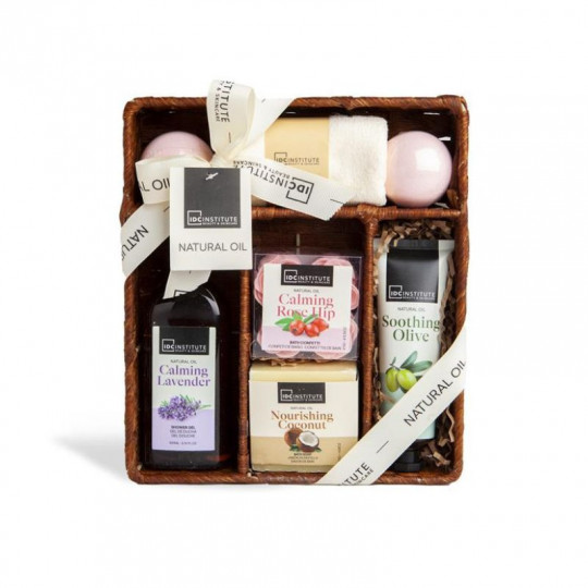 IDC INSTITUTE rinkinys Natural Oil, 7 poz. : 200 ml dušo gelis, 130 g muilas, 4x4 vonios konfeti, 110 ml losjonas, 2x80 g vonios