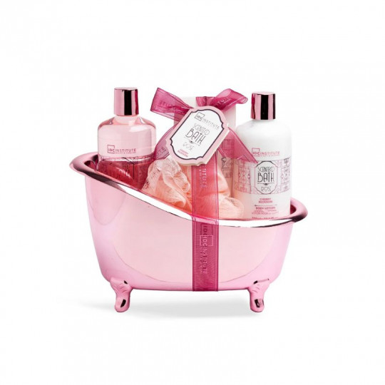 IDC INSTITUTE vonios rinkinys Cherry Blossom su dekoracija,4 pozicijos: dušo gelis 300 ml; kūno losjonas 300 ml; Vonios druska 1