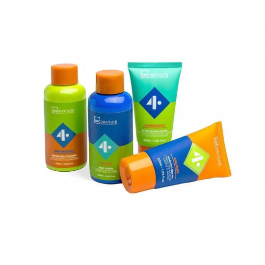 IDC INSTITUTE vonios rinkinys vyrams kelioninis 4 Elements, 4 pozicijos: 100 ml šampūnas ir dušo gelis, 100 ml kūno losjonas, 50