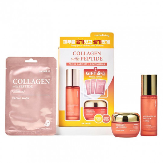 SKIN627 rinkinys veido priežiūrai gaivinamasis su kolagenu ir peptidais, 3 lakštinės kaukės x 22 ml, veido kremas, 50 g, veido s