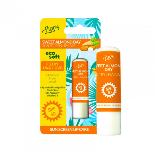 ECO SOFT LIPPY kremas lūpoms SPF50 apsaugantis nuo saulės Sweet Almond Day, 4,8 g