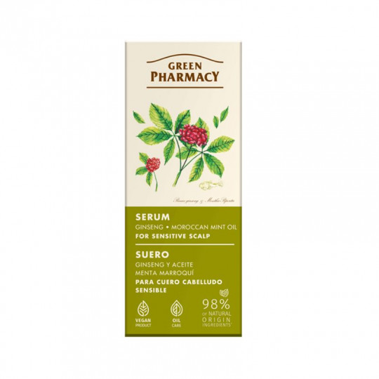 GREEN PHARMACY serumas jautriai galvos odai Ženšenis ir marokietiškų mėtų aliejumi, 100 ml