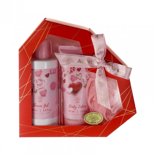 AURORA dovanų rinkinys Širdelė, 3 pozicijos, Peony & Cherry Amber 200ml dušo žėlė, 100ml kūno losijonas, kempinė