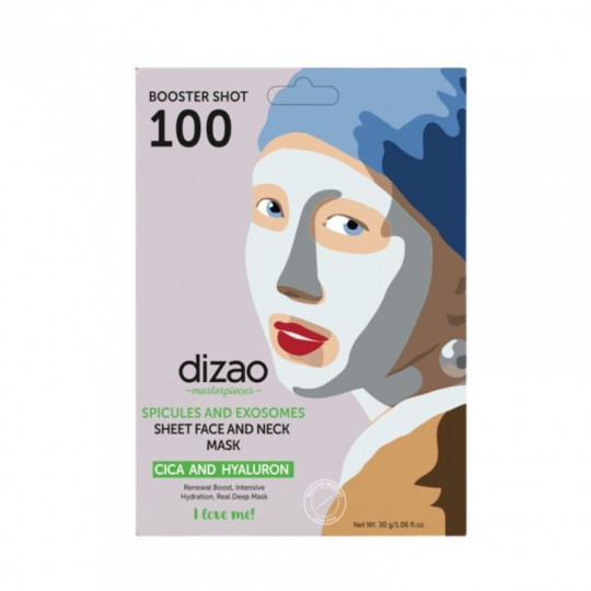 DIZAO Masterpieces CICA ir hialurono lakštinė veido ir kaklo kaukė su spikulėmis ir egzosomomis Booster Shot 100, 30 g