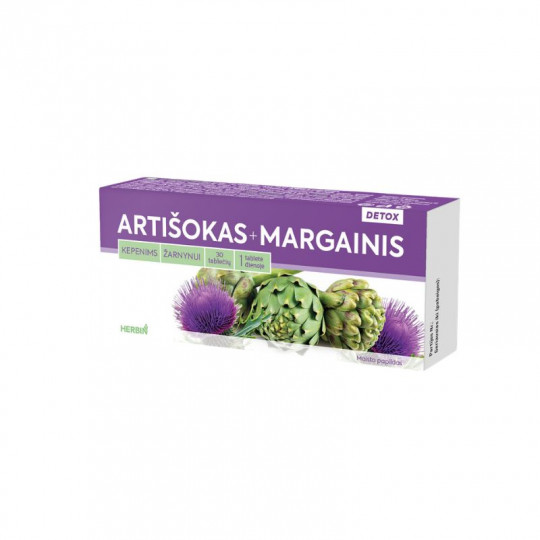 Artišokas+Margainis 30 tabl. 1 dienoje HERBIN, (artišokų ekstraktas - 100 mg; margainio sėklų ekstraktas -80 mg, erškėčio ekstr.