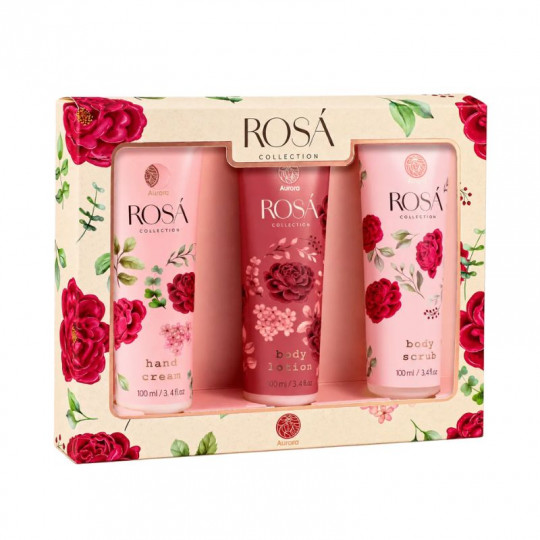 AURORA ROSA dovanų rinkinys, 3 pozicijos, Kūno šveitiklis ir balzamas, rankų kremas 3x100ml