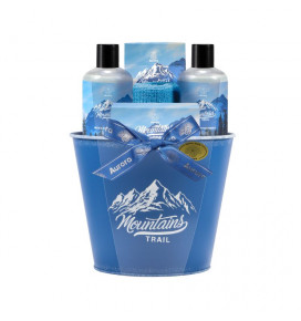 AURORA Mountains Trail dovanų rinkinys rinkinys vyrams kibirėlyje, 5 poz. dušo želė 250 ml, šampūnas 250 ml, vonios druska 100 