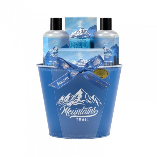 AURORA Mountains Trail dovanų rinkinys rinkinys vyrams kibirėlyje, 5 poz. dušo želė 250 ml, šampūnas 250 ml, vonios druska 100 