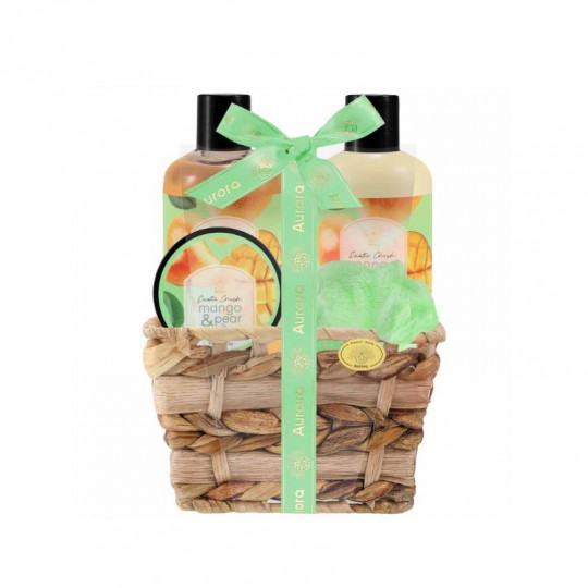 AURORA MANGO & PEAR dovanų rinkinys pintinėje 4 poz. dušo želė 250 ml, kūno losjonas 250 ml, vonios druska 70 g, plaušinė
