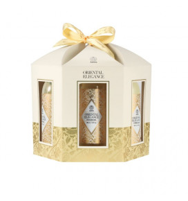 AURORA ORIENTAL ELEGANCE dovanų rinkinys dėžutėje 5 poz. dušo želė 180 ml, vonios putos 180 ml, kūno šveitiklis 100 ml, kūno los