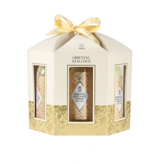 AURORA ORIENTAL ELEGANCE dovanų rinkinys dėžutėje 5 poz. dušo želė 180 ml, vonios putos 180 ml, kūno šveitiklis 100 ml, kūno los