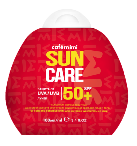 Cafe Mimi Sun apsauginis, vandeniui atsparus kremas nuo saulės veidui ir kūnui SPF50+, 100 ml
