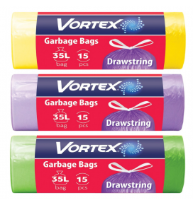 VORTEX įv.spalvų šiukšlių maišai, užrišami, 35L/15 vnt.