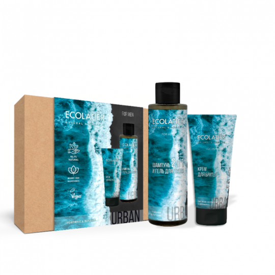 Ecolatier rinkinys vyrams URBAN MEN CARE (dušo želė ir šampūnas 2/1 200 ml; kremas skutimuisi 100 ml)